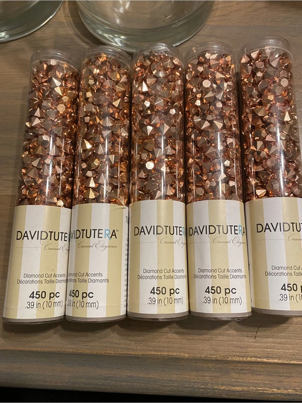 David Tutera Rose Gold Table Gems and Save The Date Seating Cards wedding decor